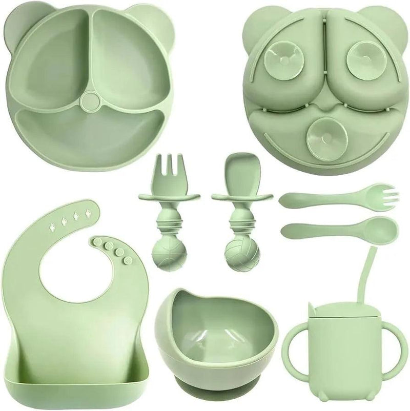 Kit de Alimentação Silicone 8 Peças – Prato, Babador, Copo e Talheres