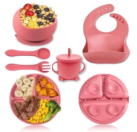 Kit de Alimentação Silicone 8 Peças – Prato, Babador, Copo e Talheres