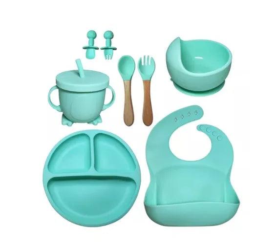 Kit de Alimentação Silicone 8 Peças – Prato, Babador, Copo e Talheres