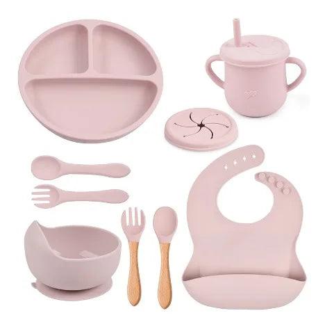 Kit de Alimentação Silicone 8 Peças – Prato, Babador, Copo e Talheres